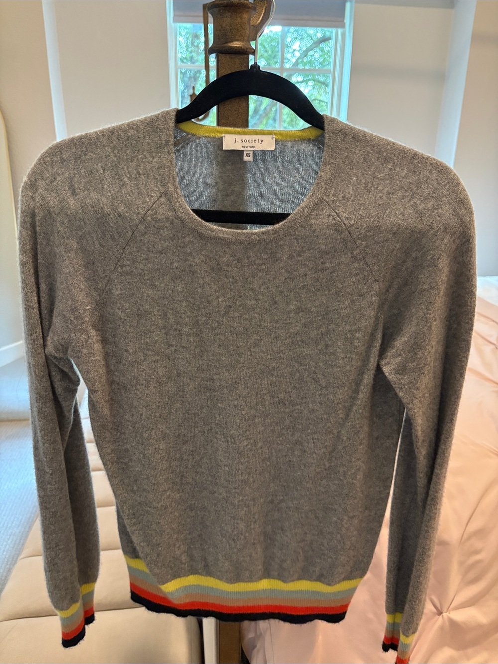 J Society Heather Gray Crewneck Cashmere Sweater with Rainbow Stripe Hem